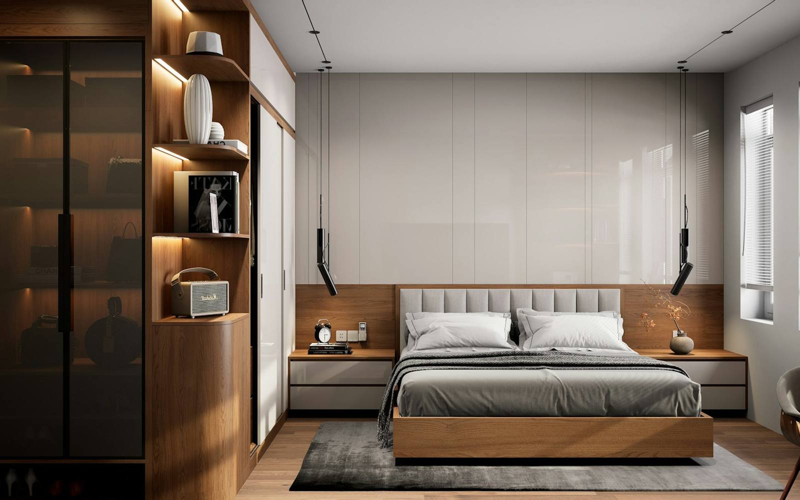 Bedroom with wardrobe, shelving and upholstered bed